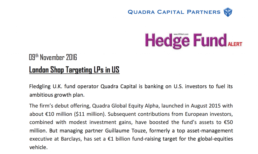 Hedge Fund Alert | November 2016 | Quadra Capital Partners